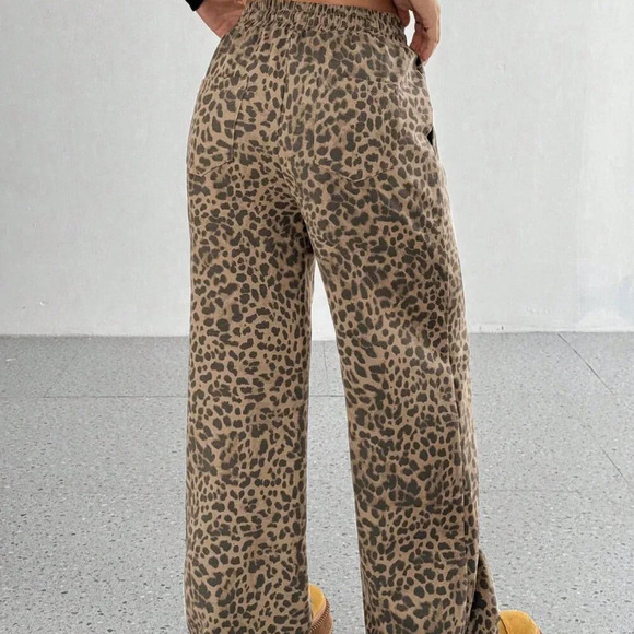 Khaki Casual Women's Leopard Print Loose Wide Leg Palazzo Pants - Picture 3 of 6